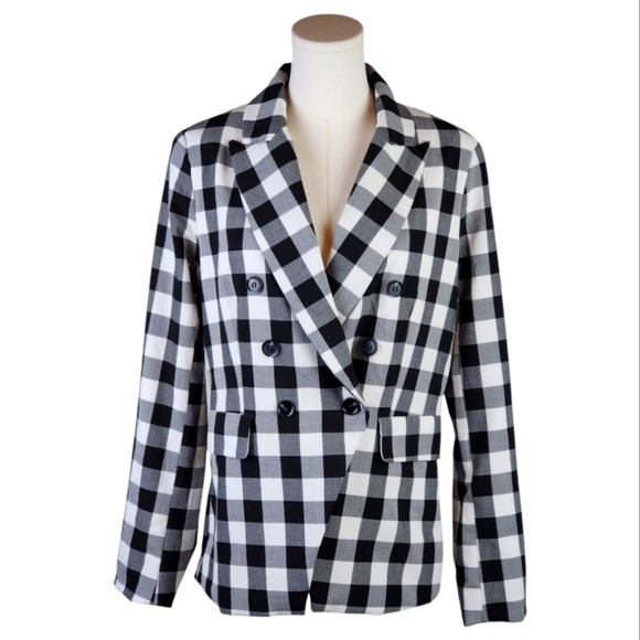 Rachel Zoe Buffalo Check Blazer Black White Medium Double Breasted - Picture 1 of 10